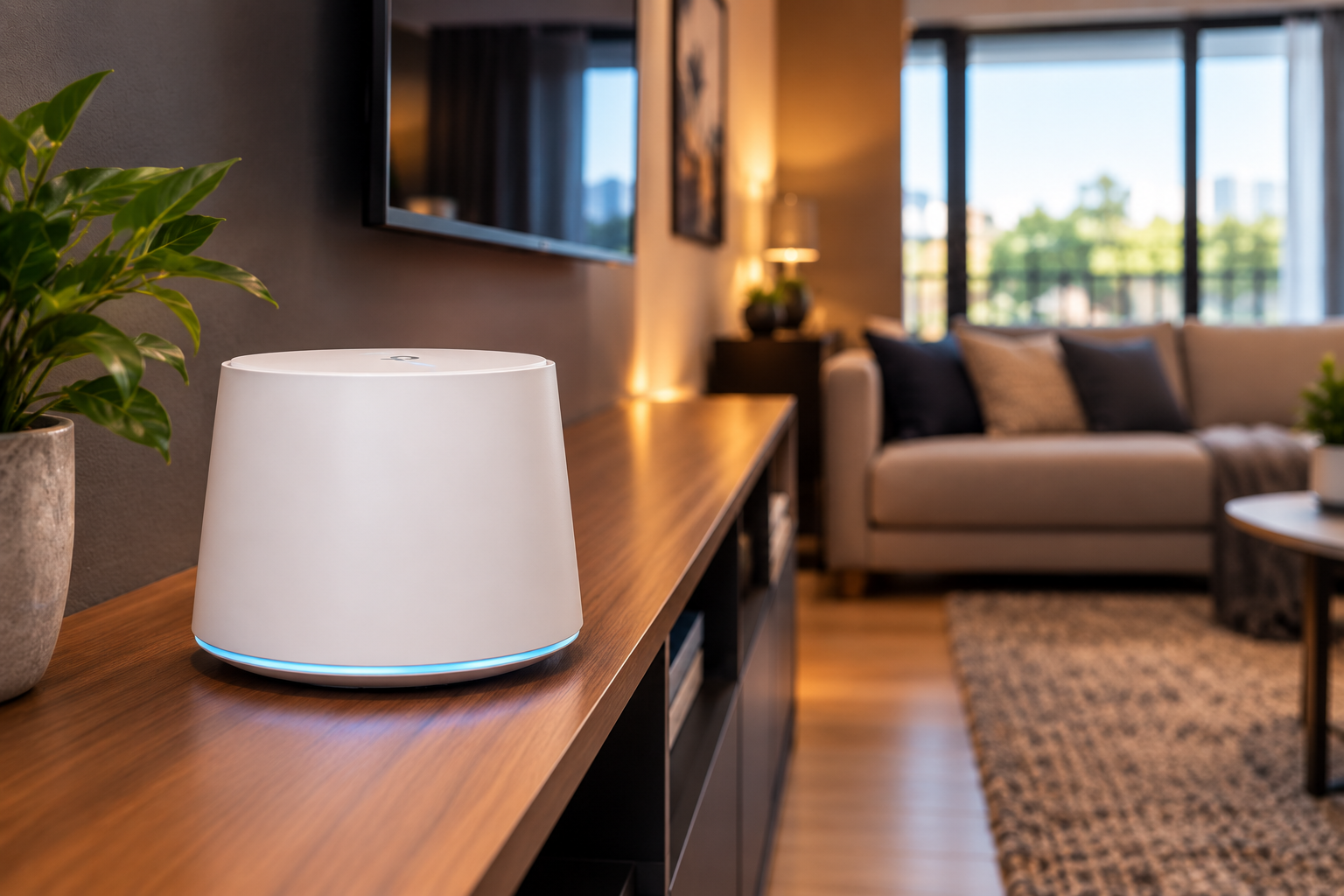 Roteador Wi-Fi mesh em sala de estar residencial